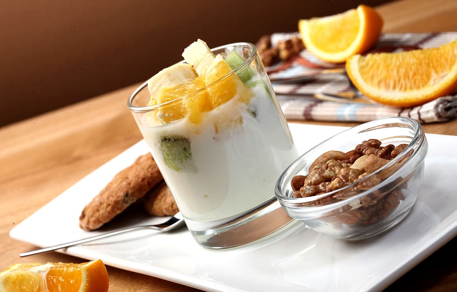 clear cup filled fruit shake on white tray, Yogurt, Nuts, Breakfast HD wallpaper