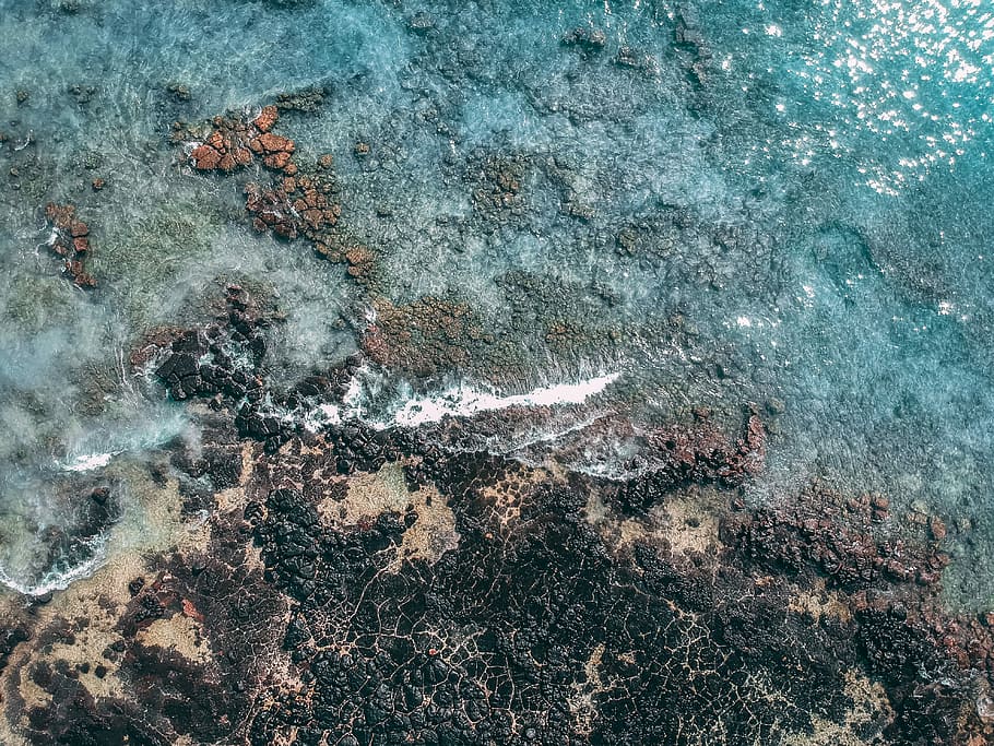 top view of seashore during daytime, body of water surrounded rocks HD wallpaper