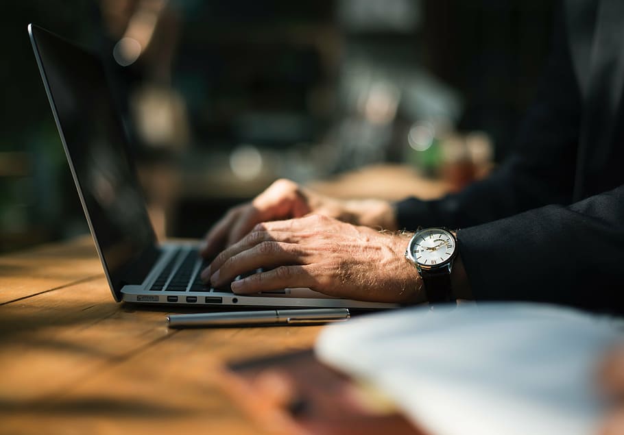 person using laptop, people, man, hand, wrist, watch, time HD wallpaper