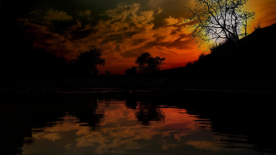 sunset, panoramic, water, landscape, reflection, dawn, dusk HD wallpaper