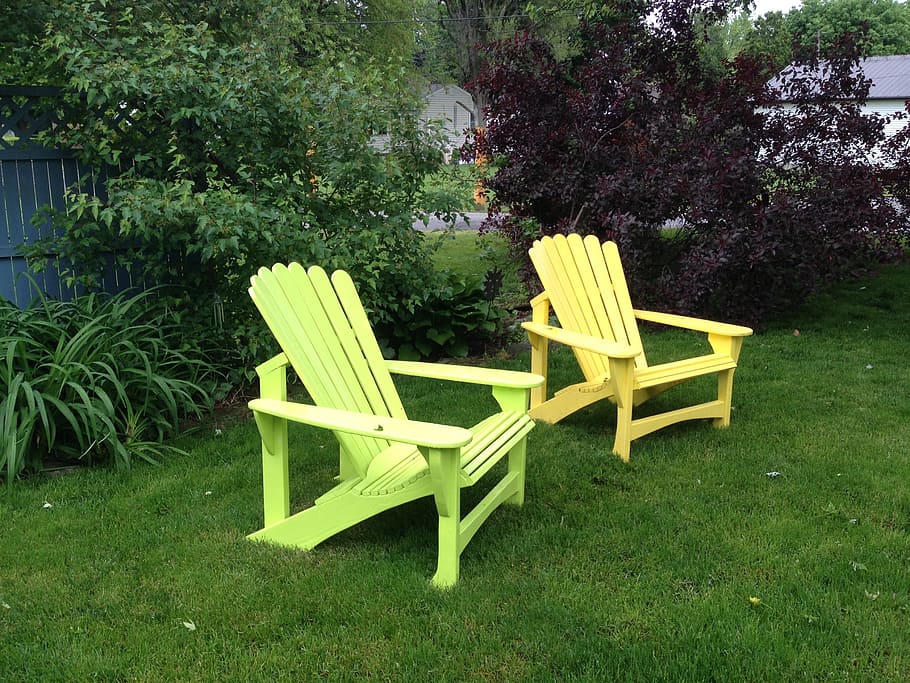 backyard, summer, adirondack, grass, lawn, outside, plant, seat HD wallpaper