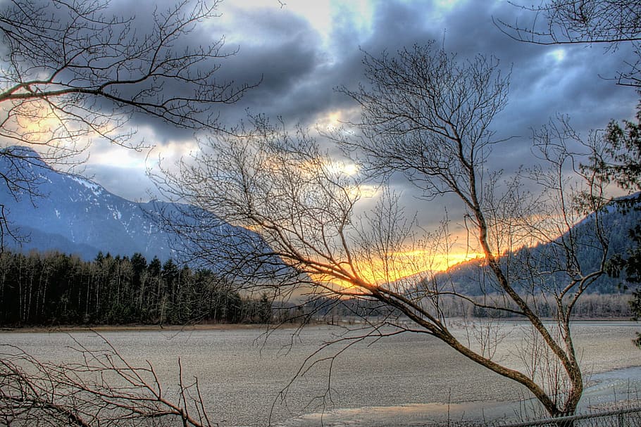 sunset, landscape, sky, lake, mountain, british columbia, canada HD wallpaper