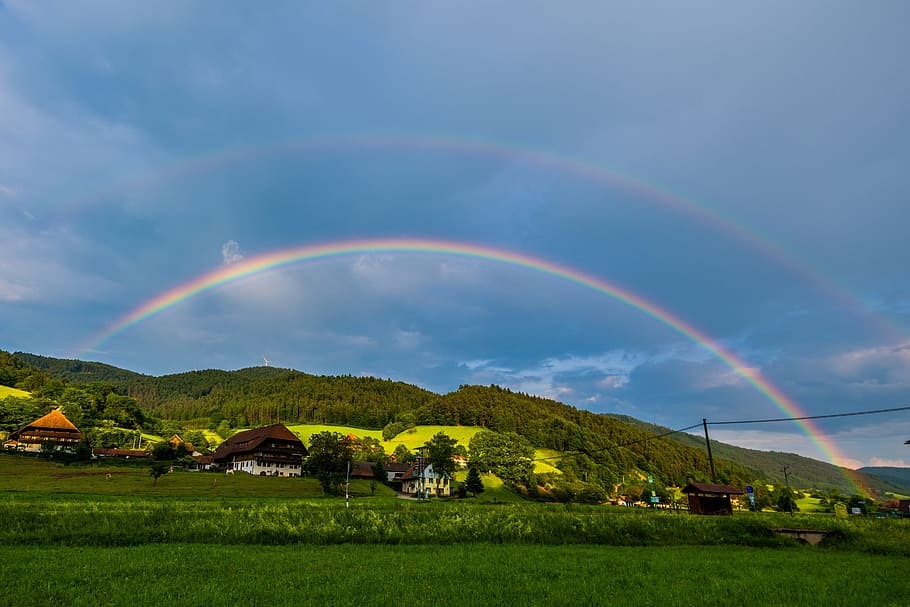 photo of rainbow over village during daytime, Sun, Nature, Sky
