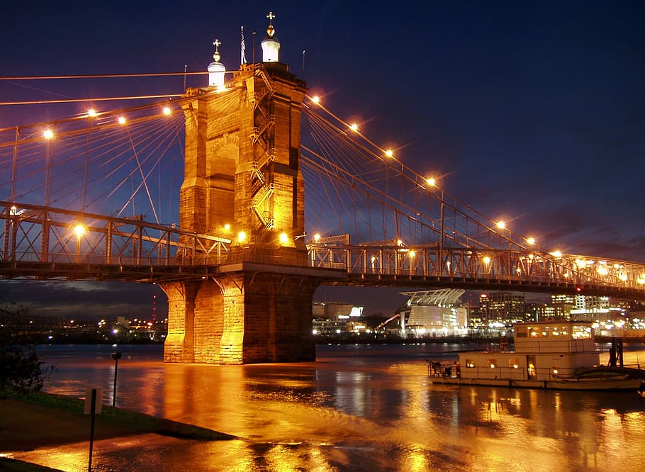 lighted suspension bridge, ohio river, cincinnati, covington, HD wallpaper