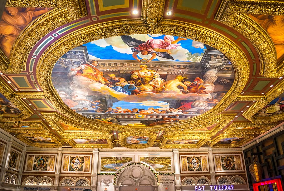religious-themed false ceiling inside building, ceiling painting