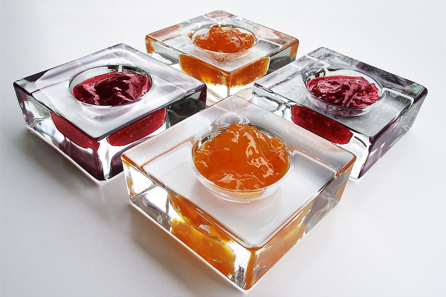 four square clear glass containers filled with substances, jam HD wallpaper