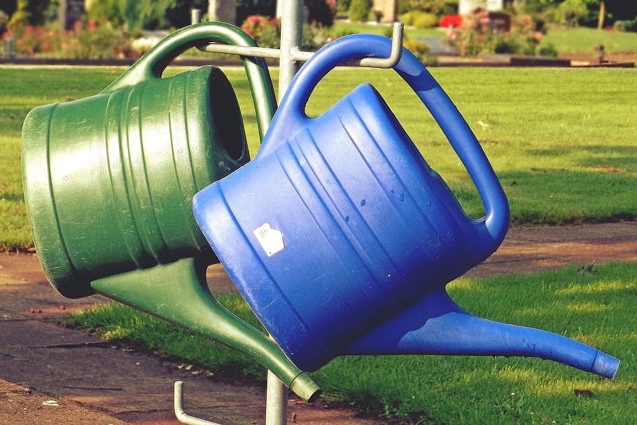 watering can, casting, cemetery, stand, plastic jug, vessel, HD wallpaper