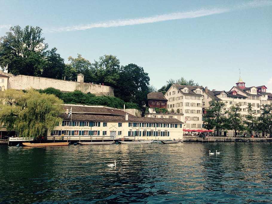 zurich, limmath, river, lindenhof, church, sky, switzerland HD wallpaper