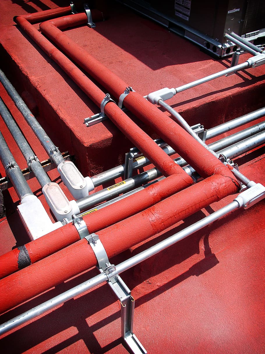 Ceiling, Roof, Tubes, Building, red, pipe - tube, no people