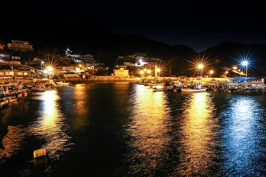 sea, night view, background, illuminated, water, architecture HD wallpaper