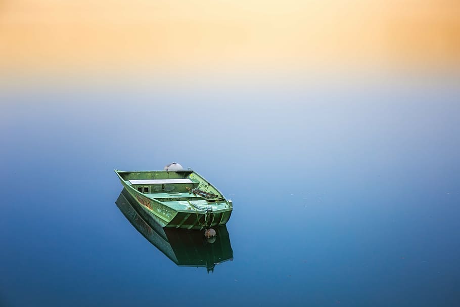 green jon boat on body of water, boot, silent, go boating, rest, HD wallpaper
