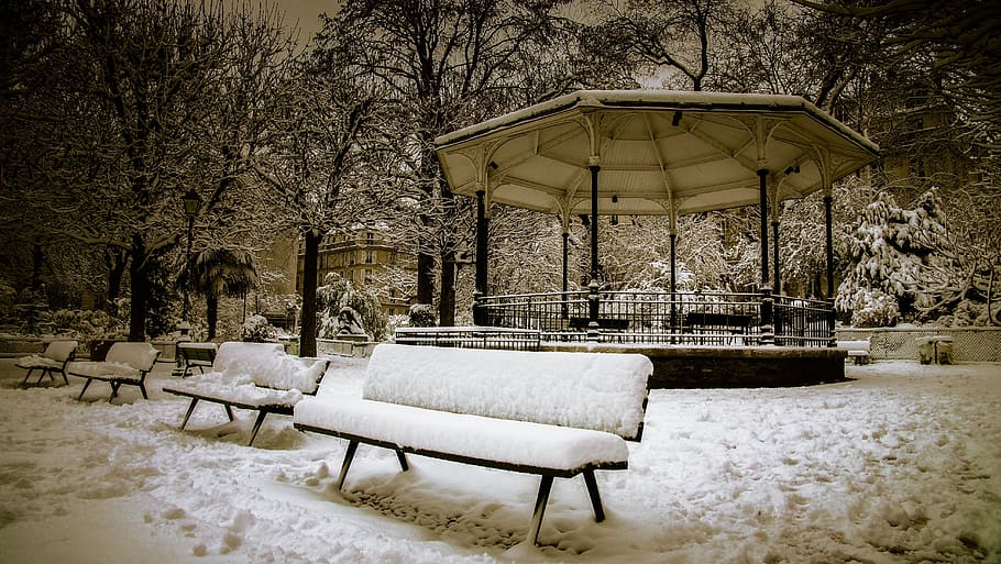 park, snow, solitude, tree, seat, plant, nature, architecture HD wallpaper