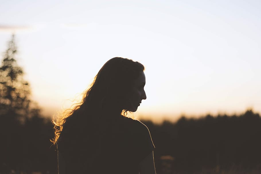 silhouette of woman and tress during sunset, black, orange, trees HD wallpaper