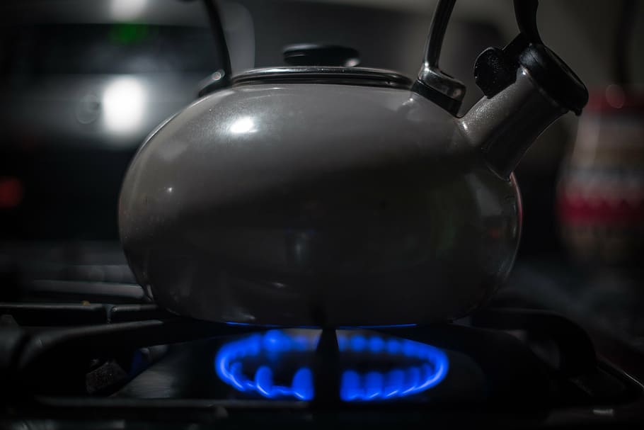 kettle on gas range oven, stove, heating, kitchen, household