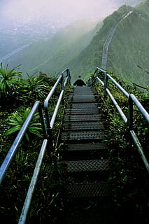 man walking on gray ladder on hill, man walking on stair of mountain HD wallpaper