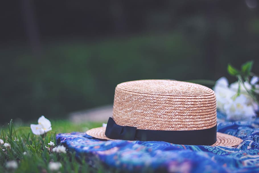 selective focus of brown hat on blue mat, summer, grass, outdoors HD wallpaper