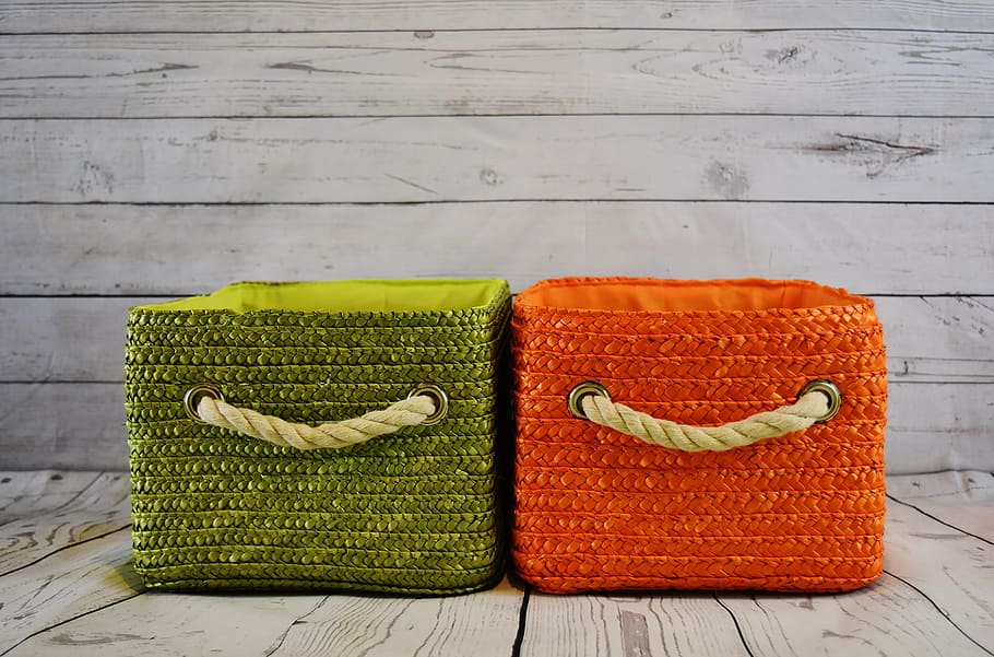 green and orange fabric hampers on gray flooring, baskets, storage HD wallpaper