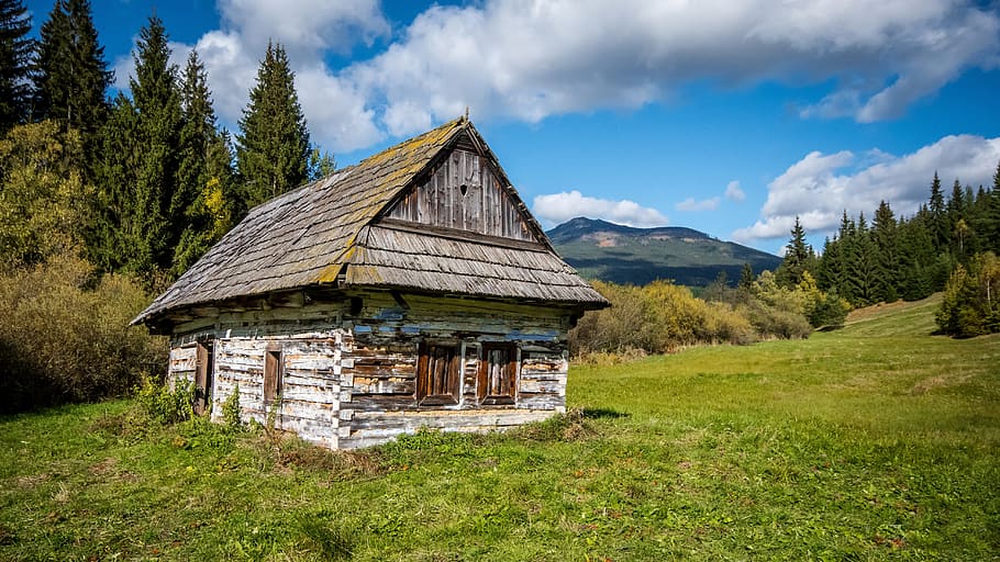 gray wooden house near mountain, cottage, old, the village, nature