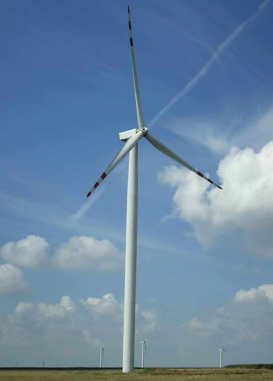 blue sky, clouds, windmill, windmill farm, generator, turbine HD wallpaper