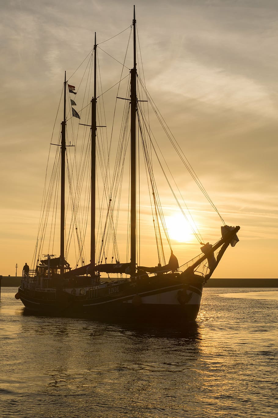 sunset, sailboat, yellow, orange, sea, reflection, dutch, ship HD wallpaper