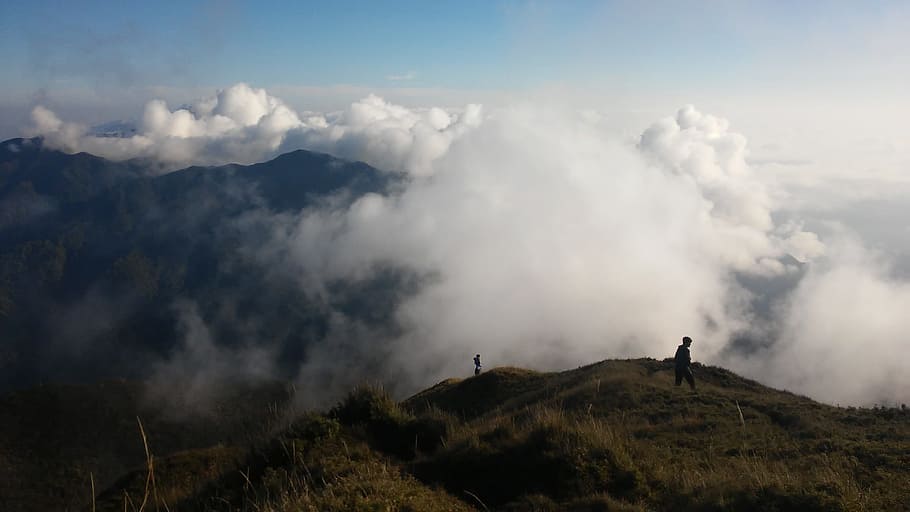 clouds, mountain, nature, scenery, travel, sky, summer, hikers HD wallpaper
