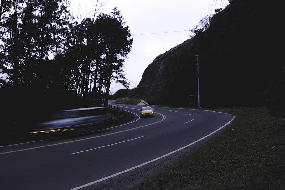 road, path, green, grass, trees, plants, nature, dark, car HD wallpaper
