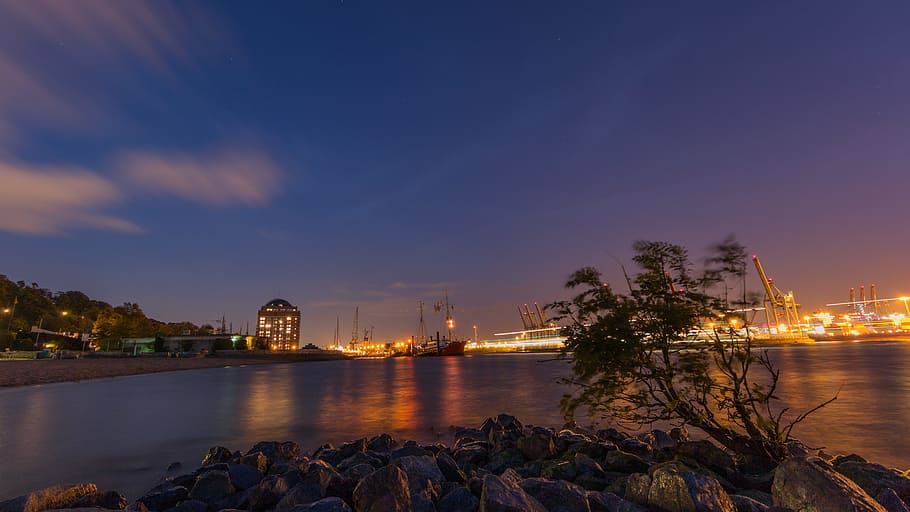elbe, evening, hamburg, night, river, sunset, water, landscape HD wallpaper