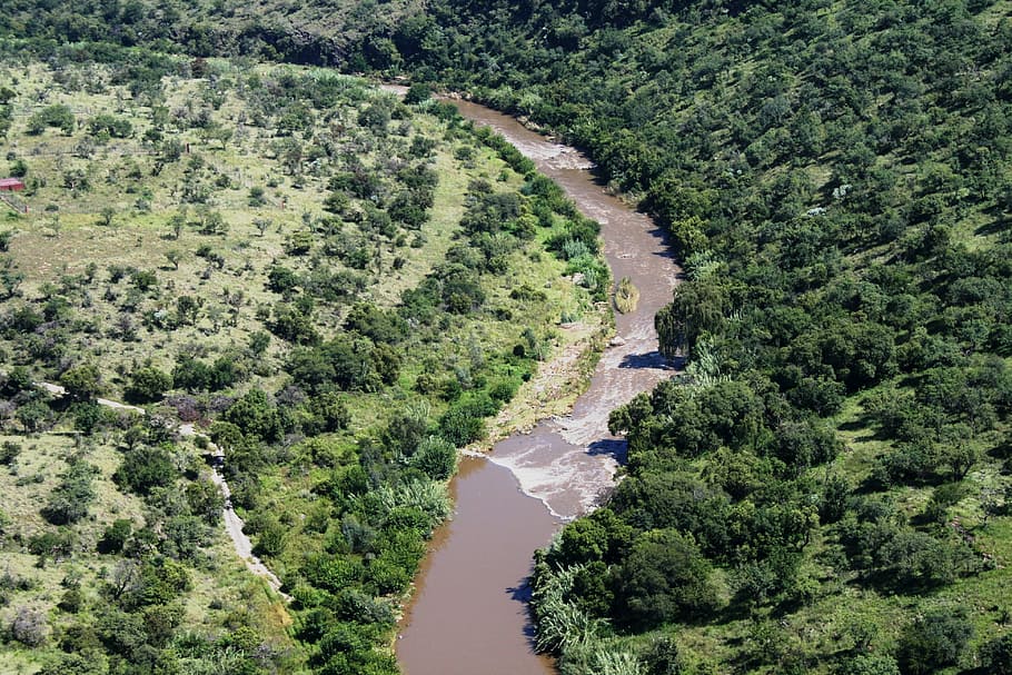 River, Affluent, Water, Winding, embankments, green slopes HD wallpaper