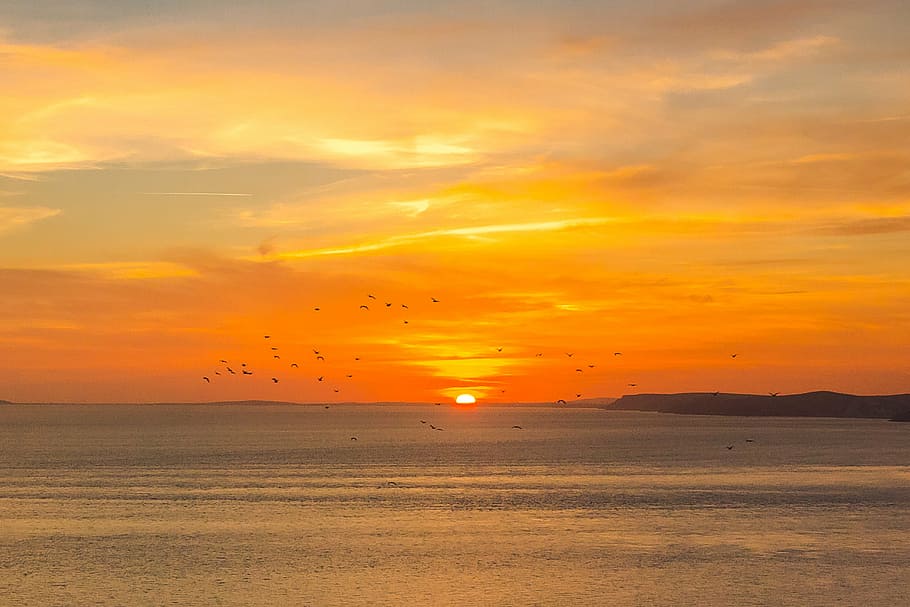 sunset photography, dorset, ocean, england, orange color, beauty in nature HD wallpaper