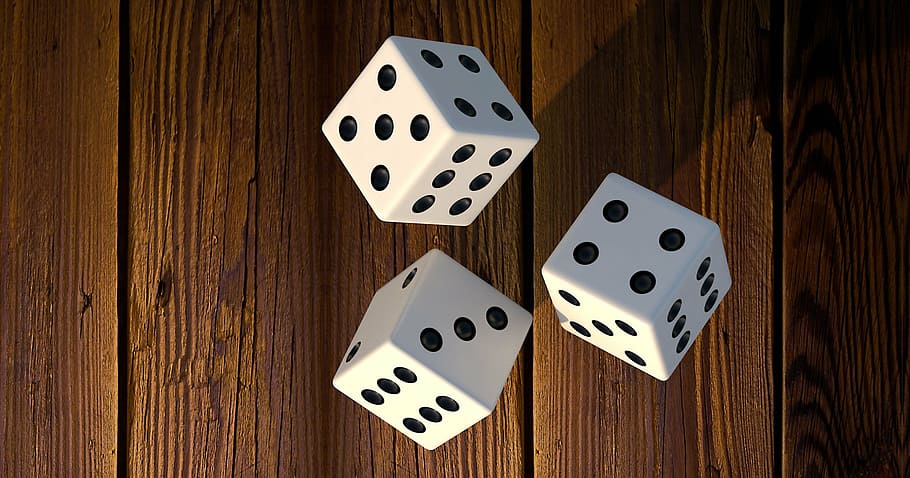 three die on brown surface, cube, play, random, luck, points, HD wallpaper