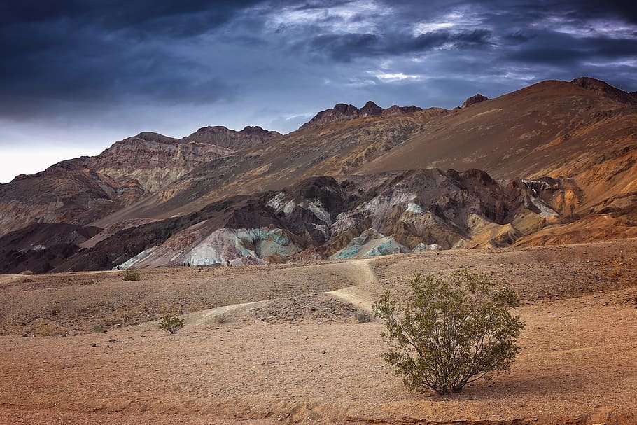 mountains under nimbus clouds, death valley, artists drive, blue stone, HD wallpaper