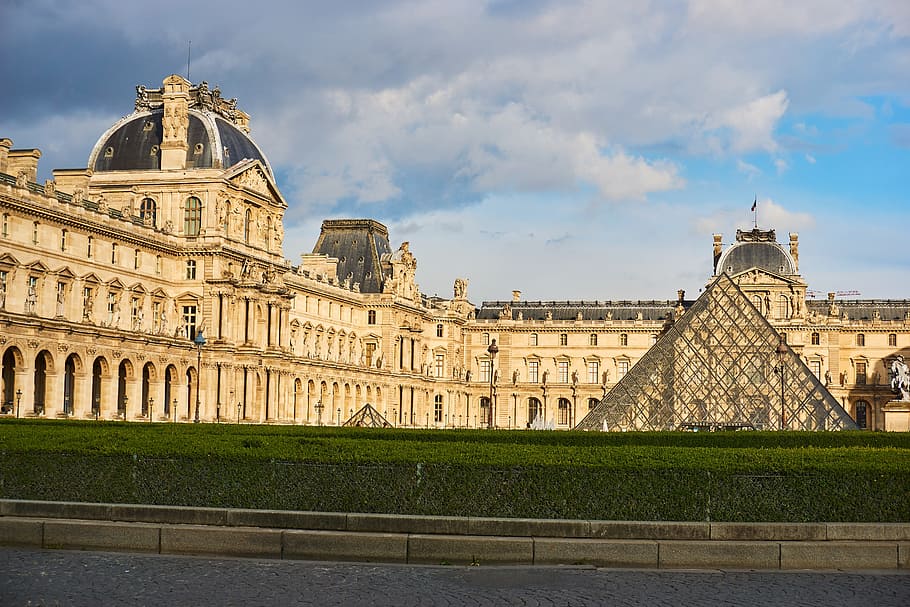 louvre, paris, statue, museum, france, art, pyramid, building