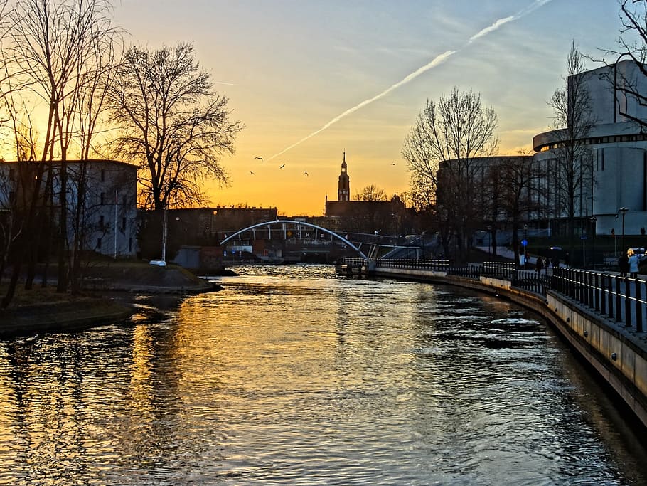 bydgoszcz, brda, river, poland, sunset, evening, water, reflection, HD wallpaper