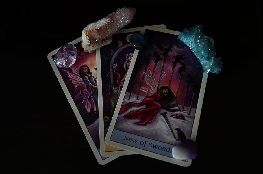 three tarot cards with gemstones, short, crystal, aqua aura, amethyst