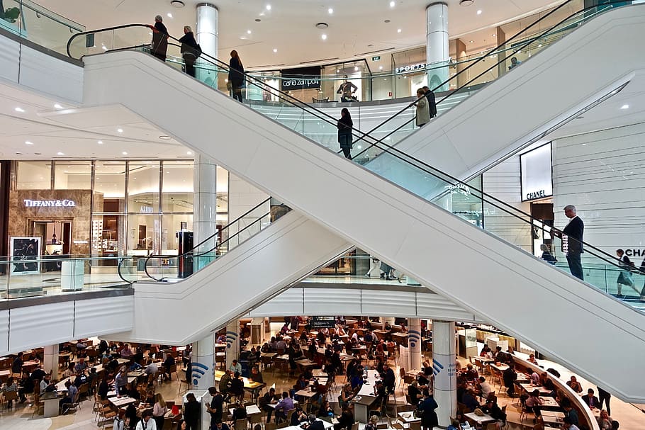 Shopping Centre, Escalators, Mall, staircase, business, people, HD wallpaper