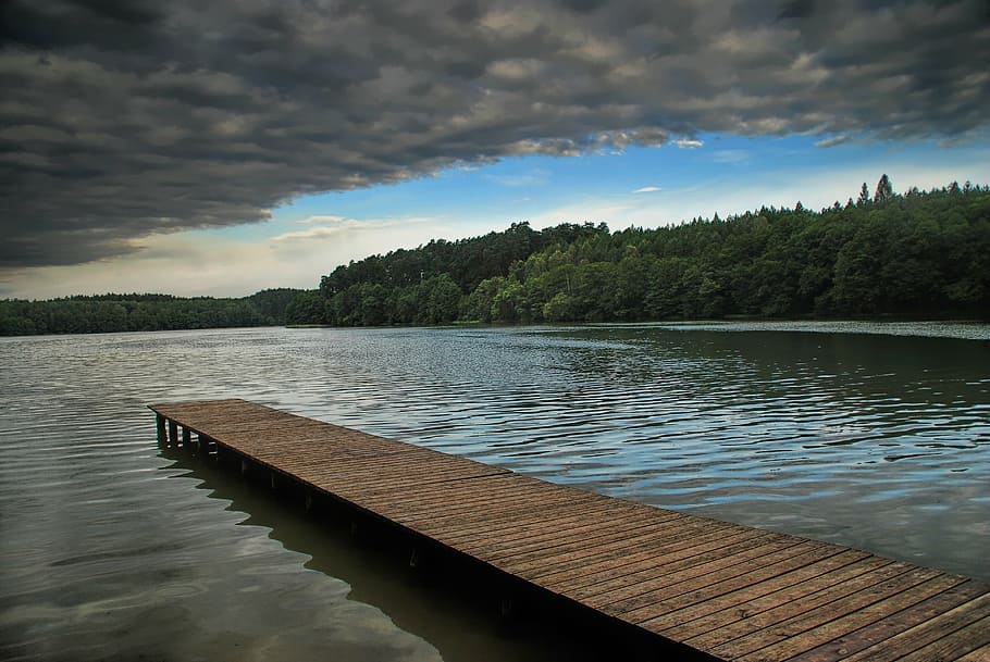 brown wooden dock on body of water, lake, bridge, storm, landscape HD wallpaper