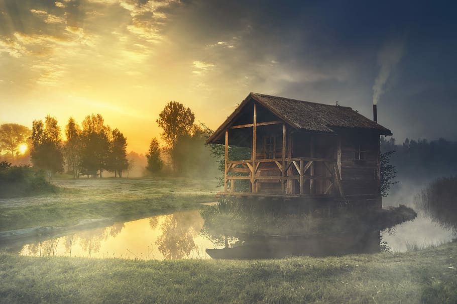 brown wooden floating hut during sunset, image manipulation HD wallpaper