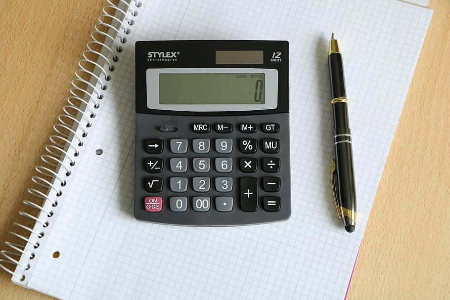 black Stylex calculator beside black twist pen, block, business, HD wallpaper