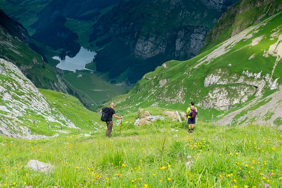 hiking, valley, shadow, valley view, target, dusk, mountain HD wallpaper