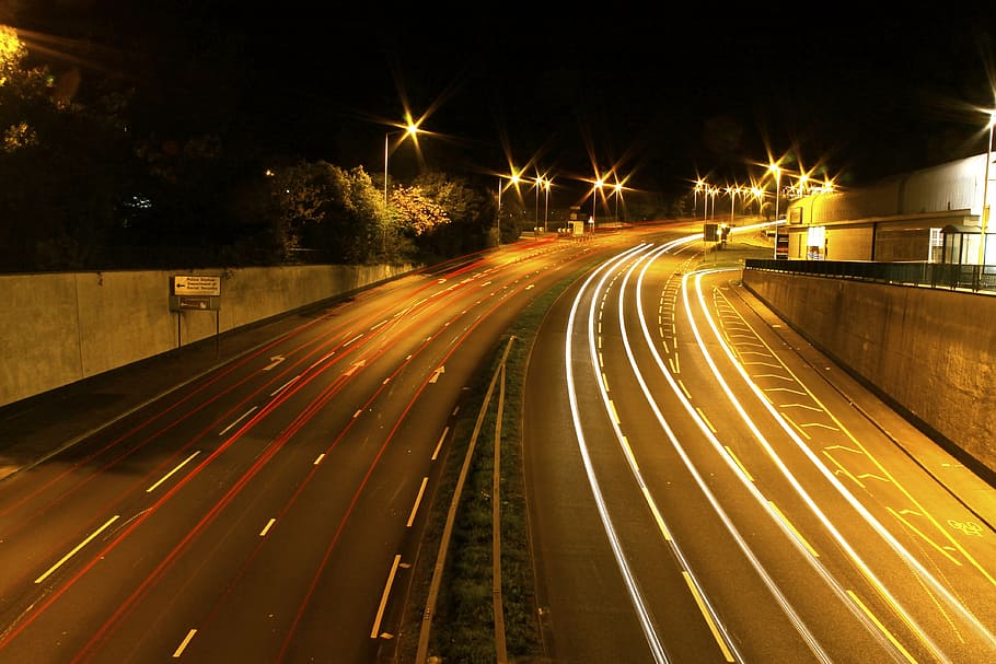 timelapse photography of vehicle on street, road, lights, night HD wallpaper