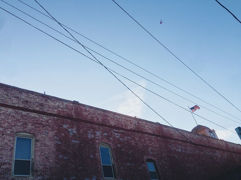 Building, Bricks, Wall, American, Flag, usa, power lines, architecture HD wallpaper