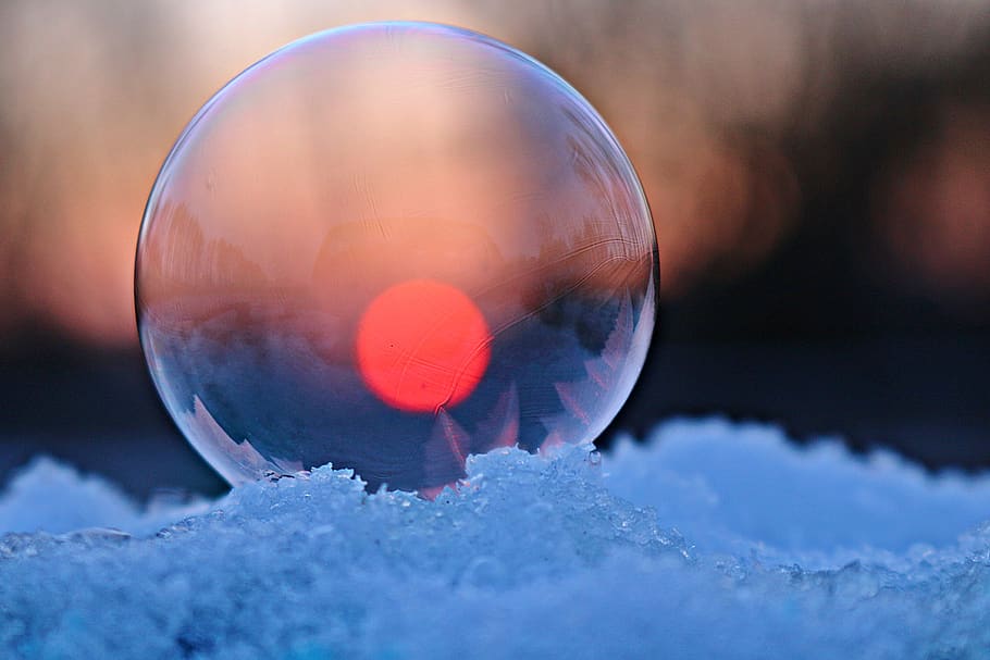 frozen bubble, ice ball, frost bubble, soap bubble, sunset