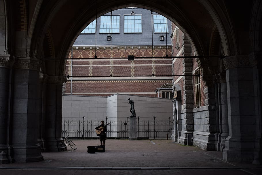 Person Playing Guitar on Street, adult, amsterdam, arch, architecture, HD wallpaper