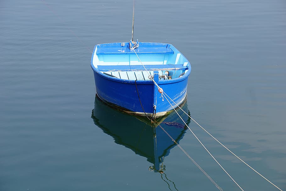 Boat, Reflections, Blue, Water, Calm, wharf, wooden boat, serene HD wallpaper