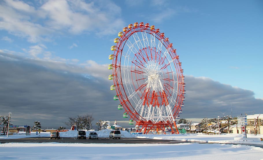 ouzu, japan, sky, clouds, scenic, ferris wheel, ride, amusement park HD wallpaper