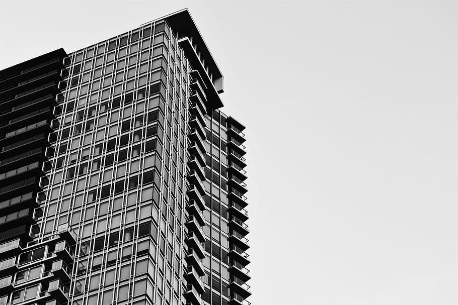 curtain wall building under clear sky, grayscale photo of high-rise building HD wallpaper