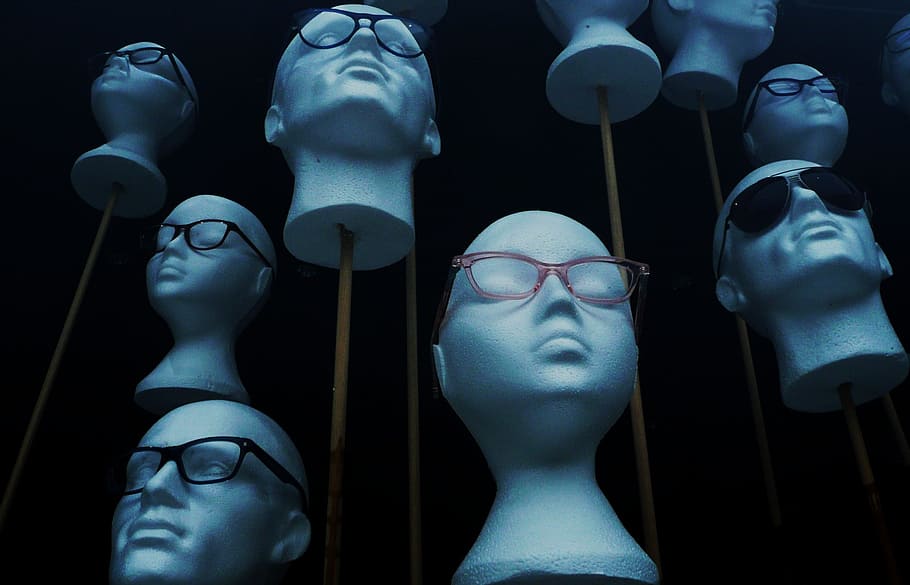 photography of white ceramic heads with shades, styrofoam, glasses HD wallpaper
