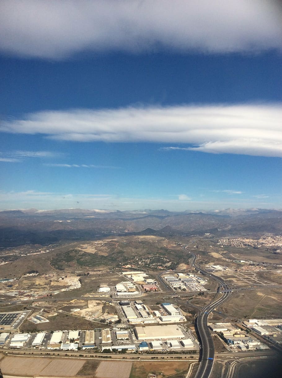 malaga, sky, aircraft, fly, flight, travel, clouds, plane, aerial View HD wallpaper