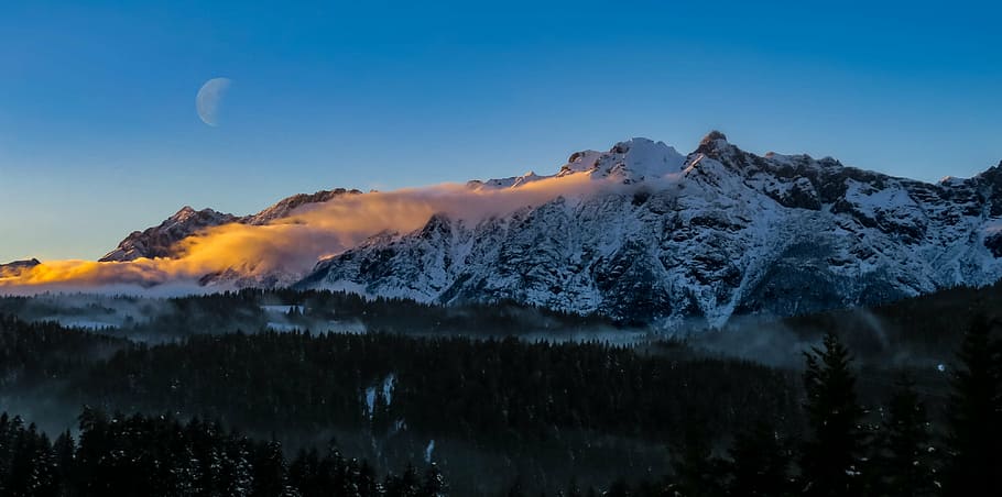 mountain alps under calming sky, mountains, evening, moon, sunset HD wallpaper