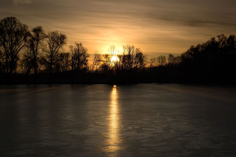 Sunrise, Lake, Ice, Frozen, Iced, cloudiness, sunbeam, silhouette HD wallpaper